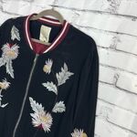 Elevenses  Embroidered Bomber Jacket Women’s L Black Floral Satin Zip Up Boho Photo 6