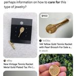 Source Unknown Gold-Tone Tennis Racket Brooch/Pin with Rhinestone Ball Photo 3