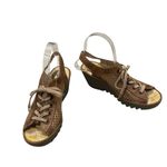 Fly London  Yuta Perforated Leather Lace-up Wedge Sandal Tan Metallic Sz EU 38 Photo 2