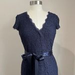 Adrianna Papell  Navy Lace V Neck Scalloped Long Cap Sleeve Gown Sz 6 Photo 4