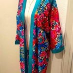 American Vintage VTG 70s 80s Heather Collection Hot Pink & Teal Blue Florl Kimono Robe Bathrobe Photo 0