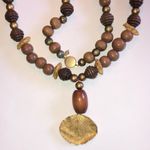 Bergere Vintage Wood Beaded Boho Leaf Pendant Karen Reed Necklace Brown Photo 1