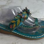 Spring Step  Size 39 8 US Bajan Turquoise Floral Sandal Slide Thong Leather Photo 4
