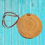 Woven Rattan Round Crossbody Purse Bag Leather Strap Snap Closure Cloth NWOT Photo 0