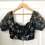 Floral Embroidered Mesh Puff Sleeve Bustier Top Sz L Black Size L Photo 0