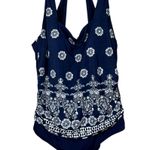 Jantzen Women's Plus Size Navy Blue & White Patterned Ruched Side Swim Top 20W Photo 0