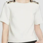 Kate Spade Ivory Embellished Shoulder Short Sleeve Top - Size 2 Photo 0