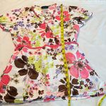 Cherokee  Floral V Neck Scrub Top Women’s XS Swiss Dot Colorful Ruffle Cotton Photo 6