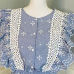 BB Dakota  NWT Ruffled Embroidered Eyelet Blue & White Dress Medium Photo 4