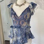 Venus Fairy Coquette Asymmetric Celestial Blue White Silver Lace Peplum Babydoll Top S Photo 3