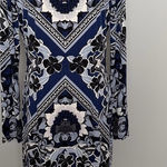 Maggy London Dress Midi Floral Sheath Long Sleeve Lined Cocktail Travel Blue Photo 0