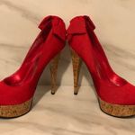 Bebe Stiletto High Heels Kahilia Ruby Red Size 8 Platform Cork Bow Formal Photo 14