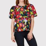 NWT Crosby Womens Top Red Remy Woodlands Floral Puff Sleeve Blouse Boho Small Photo 0