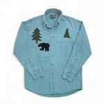 Three Rivers North Woods Trees and Bear Appliqué Teal Denim Shirt Size Small Blue Photo 0