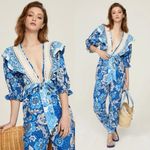 Farm Rio  Blue and White Floral Full Of Flowers Ruffle Jumpsuit Size Small Photo 1