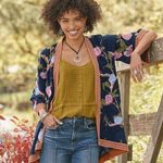 Tolani  Romance Blooms Floral Embroidered Cotton Short Kimono Navy/Pink S/M Photo 0