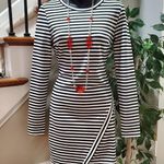 Tea & Cup Black White Striped Long Sleeve Back Zip Knee Length Dress Size Small Photo 1