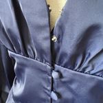 Jason Wu Navy Satin Peplum Blouse Top Long Sleeve V Neck Waist Button Sz Medium Photo 9