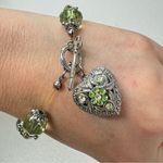 Silver Tone Heart Locket Bracelet Green Rhinestone & Crystal Beaded Photo 0