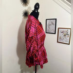 Free People  Pacific Dawn Red Pink Plaid Shirred Shirt Top. Size Medium. Photo 2