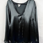 Ava & Viv  Satin V-Neck Tie Front Flared Long Sleeve Blouse Women's 3X Gray Retro Photo 0