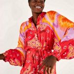 Farm Rio ππ Red Tiki Bananas Scarf Sleeve Romper ~ Tie Dye Cashew Small S NWT Photo 0