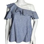 Madewell Shirt Women 0 Blue White Stripe One Shoulder Ruffle Top Casual Nautical Photo 0