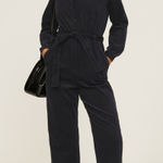 A.P.C. Justine Navy Corduroy Straight Leg Belted Long Sleeve Jumpsuit Size 2 Blue Photo 0