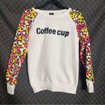 Cute leopard print coffee cup crew sweatshirt in white, black, pink, yellow White Photo 1
