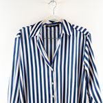 ZARA Striped Print Long Sleeve Collared Button-Up Shirt Navy Blue White Medium Photo 7