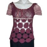 CROCHETED Lace Short Sleeve Top Mixed Stitch Burgundy Pink Photo 0