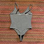 NWOT SUNDAY BEST BLACK WHITE STRIPE CAMI V NECK THONG BODYSUIT ONE PIECE Size M Photo 2