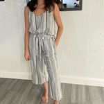 Cloth & Stone Anthropologie Gray White Linen Blend Striped Belted Jumpsuit Small Photo 1
