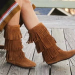 Minnetonka Brown Suede Three Layer Fringe Boots, Size 9 Photo 0