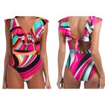 Trina Turk NEW Ruffle Flutter Sleeve Plunge One Piece Swimsuit Colorful Size 10 Photo 9
