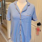 Comfy Knit Pajama Top Collared Button Down Blue White Striped Photo 3