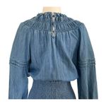 Michael Kors  Cotton Chambray Smocked Dress Blue Denim Ruffled Long Sleeve Sz XS Photo 9