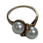 Vintage 1960’s 10k Gold With 2 Real Pearls & 2 Small Cubic Zirconia Ring 5.75 Photo 2