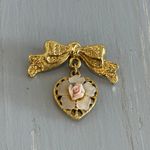 1928 Beautiful (?) Vintage Brooch Bow & Dangling Heart W Porcelain Rose Flower Photo 0
