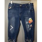 AQ Jeans Floral Embroidered Stretch Fringed Jorts Denim Size 15 Waist 34” Blue Photo 0