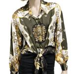 Soho NYC Green/Gold Scarf Print Front Tie Blouse S Photo 2