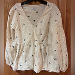 Madewell ‎ Antique Cream Lightspun Peplum Wrap Top in Black Tiny Bows Size XS Photo 4