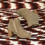 Tan khaki beige genuine leather suede ankle low top boots shoes wooden heel Photo 2