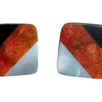 Bold Vintage Sponge Coral & Onyx Inlay Earrings – Geometric 80s Style Black Photo 0