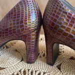 Vintage Bellini 90s Leather Metallic Orange Rust Red Square Toe Heels Sz 7.5 Y2K Photo 1