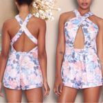 Nasty Gal floral shiny jacquard cut out halter romper shorts Sz S Photo 1