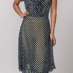 MSK Dress Size 4 Polka Dot Navy Pink Faux Wrap Ruffle Midi Short Sleeve Blue Photo 1