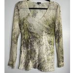 KOMAROV Crinkle Mesh Long Sleeve Shirt Medium Beige Green Retro Blouse Career Photo 0