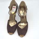 NWT Alfani Adara Umber Brown Suede Open Toe Heels Bronze Accents Ankle Strap 6 Photo 1