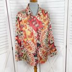 JODIFL  Boho Printed Satin Button Up Blouse Shirt Orange Multi Large Photo 1